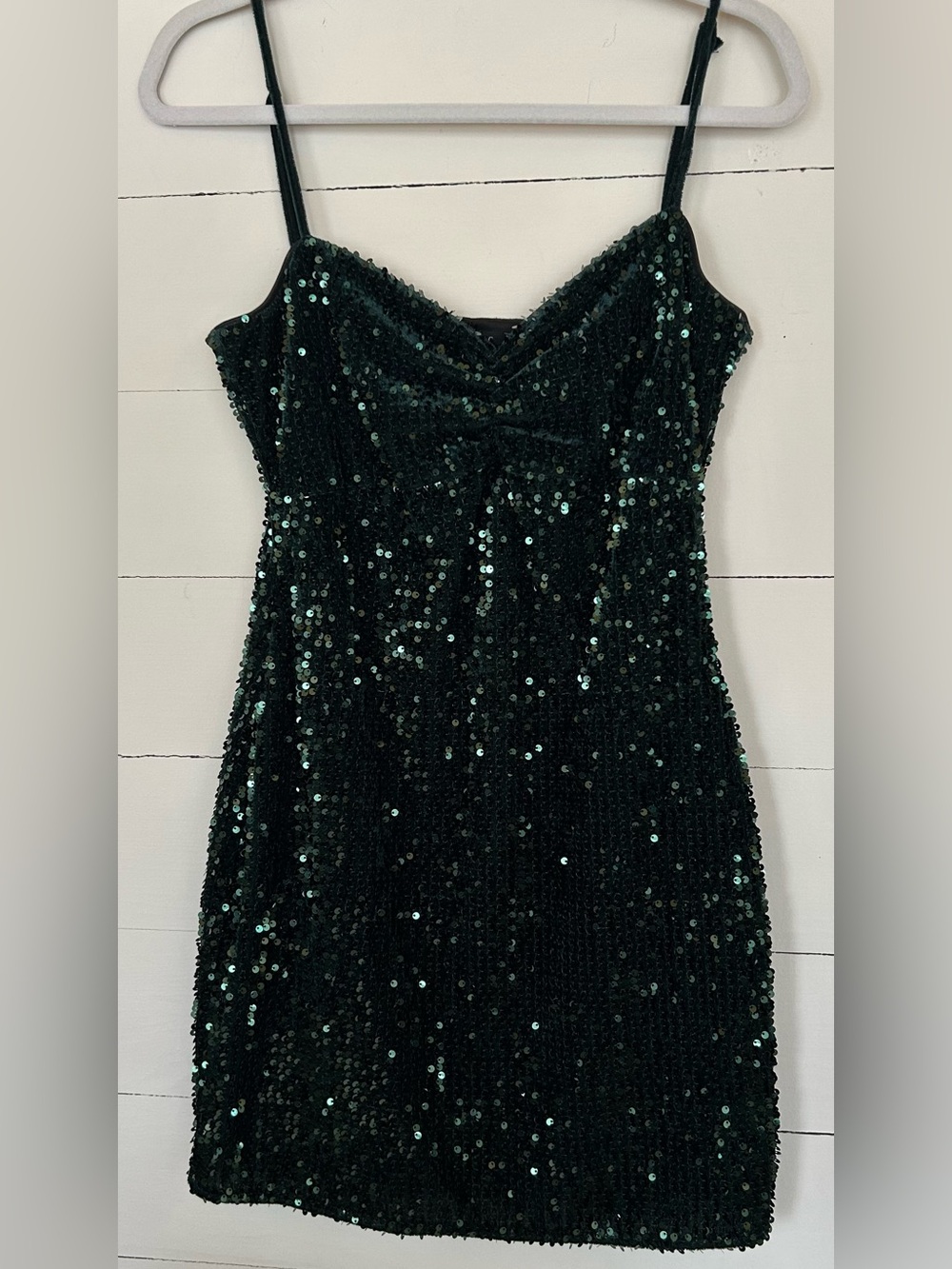 Zara Green Sequin Dress With Adjustable Spaghetti Straps and Ruched bodice, Sz M